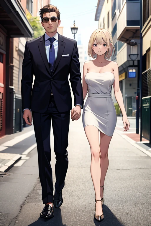 A man in a suit and a naked girl hold hands