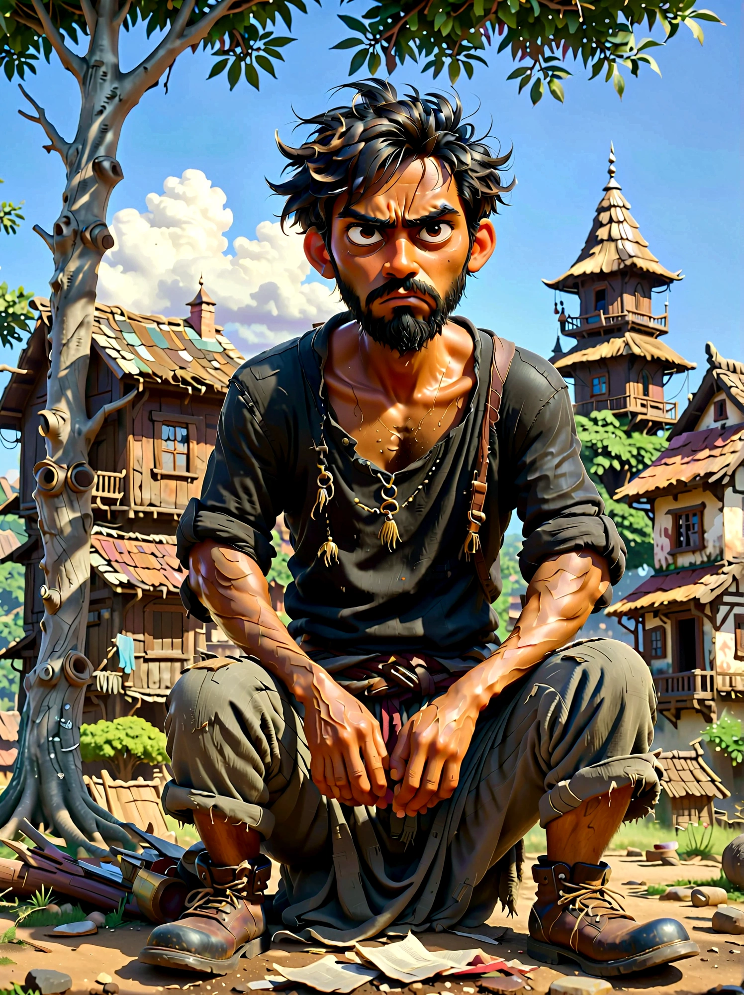 (Disney Pixar style:1.1), full-body shot, Lazy villager painting, Narayana Prabhakar, look up, (Disgusted look:1.5), Messy black hair, Scruffy black beard, Against the backdrop of the village, (Sit under a tree:1.15), Wearing a dark brown torn shirt and ragged grey pants, Dusty black work boots, On a summer afternoon