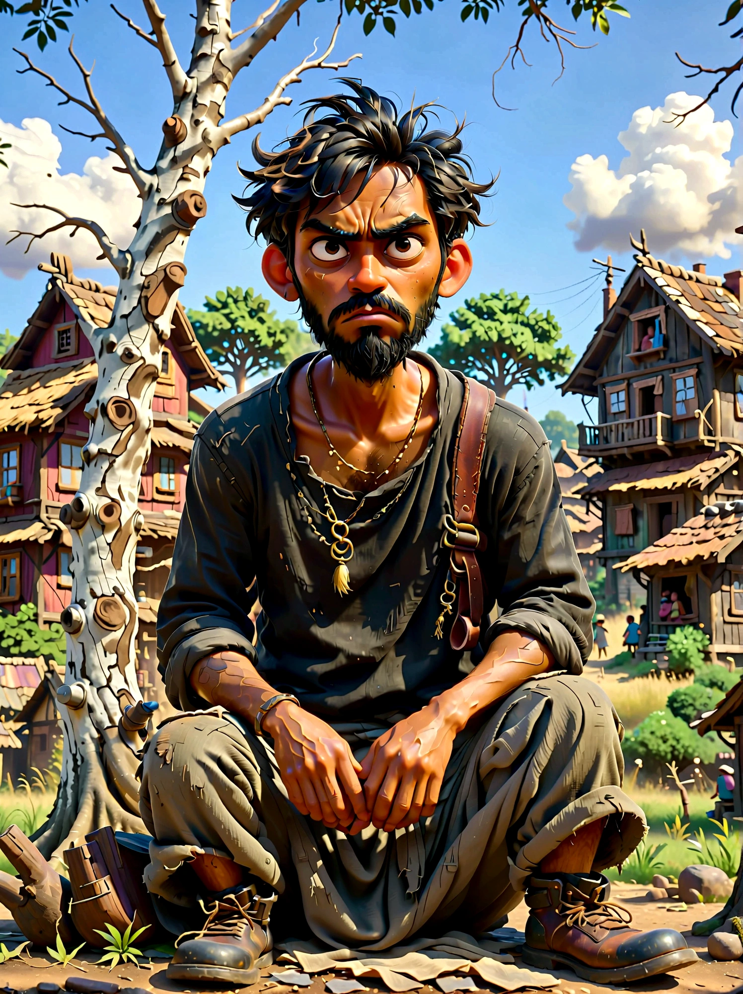 (Disney Pixar style:1.1), full-body shot, Lazy villager painting, Narayana Prabhakar, look up, (Disgusted look:1.5), Messy black hair, Scruffy black beard, Against the backdrop of the village, (Sit under a tree:1.15), Wearing a dark brown torn shirt and ragged grey pants, Dusty black work boots, On a summer afternoon