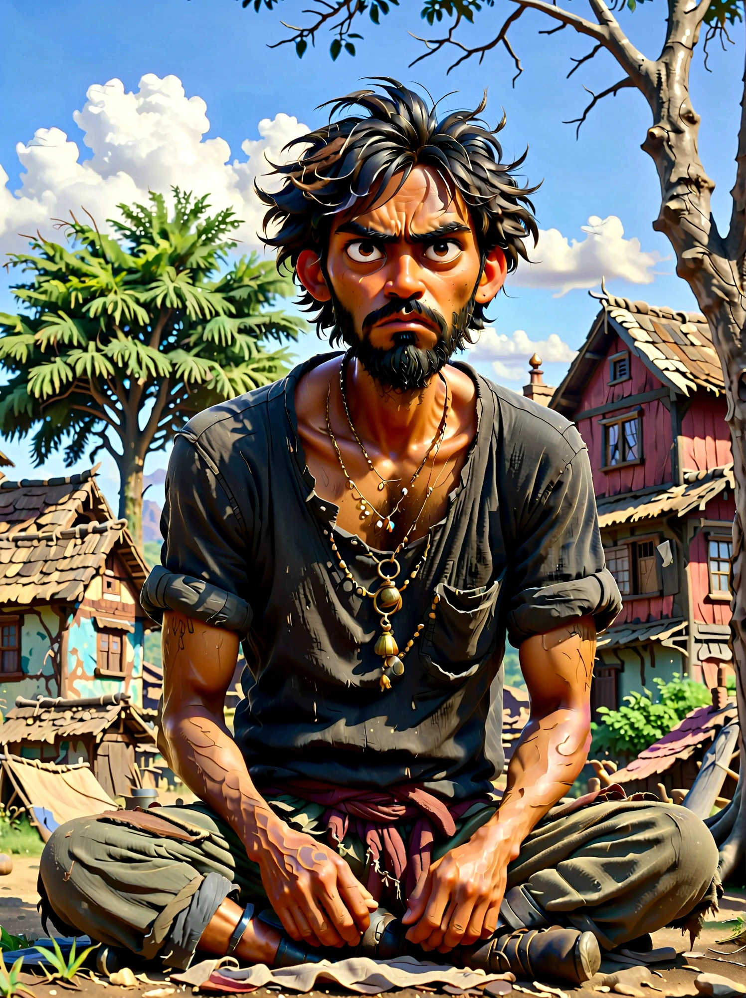 (Disney Pixar style:1.1), full-body shot, Lazy villager painting, Narayana Prabhakar, look up, (Disgusted look:1.5), Messy black hair, Scruffy black beard, Against the backdrop of the village, (Sit under a tree:1.15), Wearing a dark brown torn shirt and ragged grey pants, Dusty black work boots, On a summer afternoon