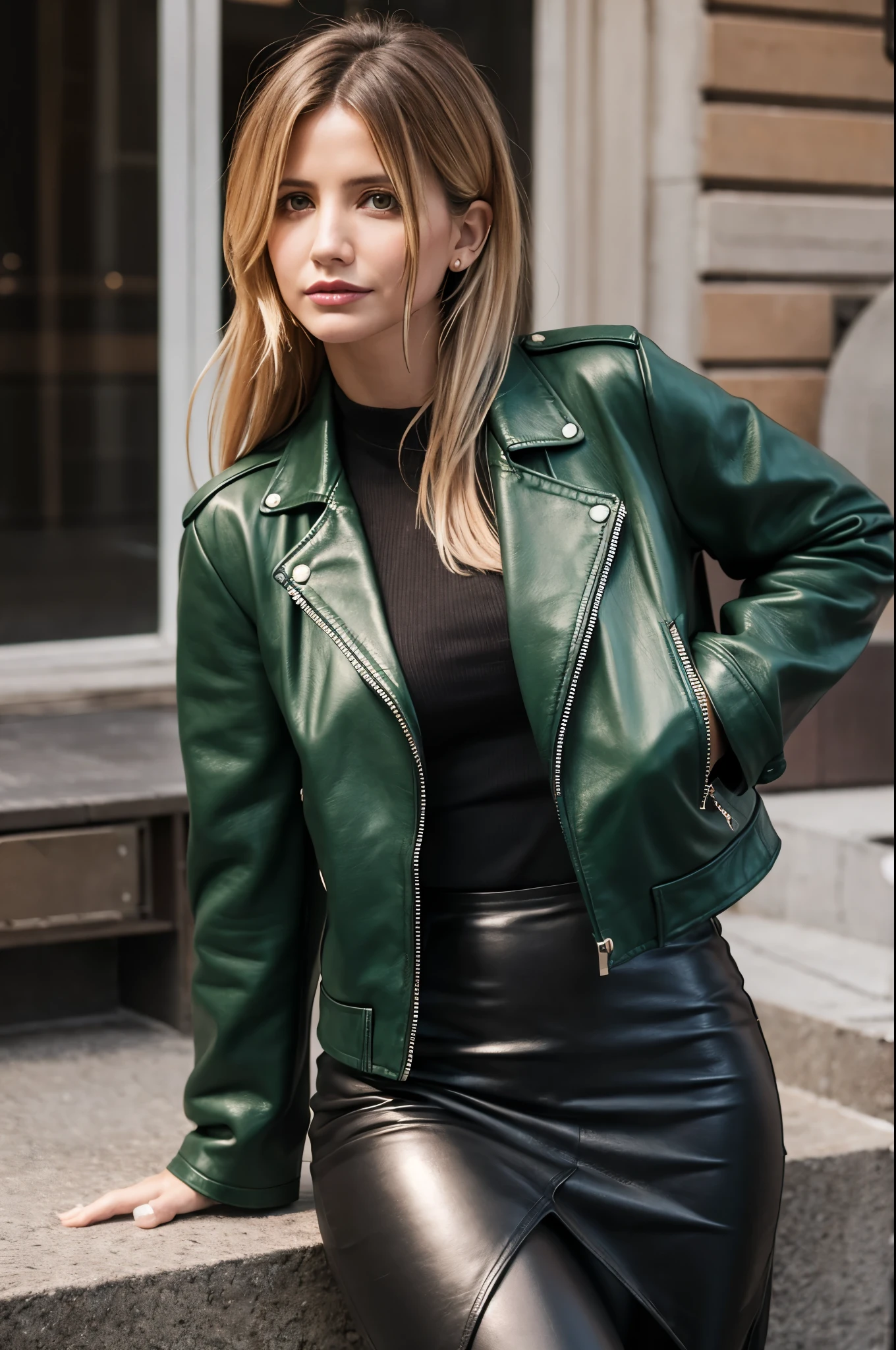 Woman wearing a green leather jacket and black pants, cameron diaz portrait, Parted hair, Leather clothing, Her hair is naturally messy, Inspired by Emma Andiewska, dressed in leather jacket, Very attractive and beautiful, Shoulder-length hair, Gorgeous Woman, Anastasia Ovchinnikova, Wearing a brown leather maxi jacket, Portrait Sarah Michelle Gellar