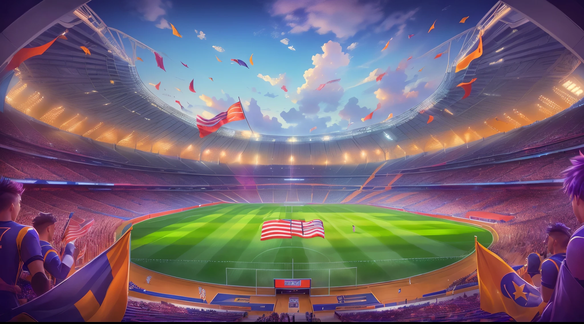 arafed view of a soccer stadium with fans and flags, soccer stadium, stadium landscape, futuristic sport arena, stadium, amazing wallpaper, background artwork, arena background, coliseum background, beautiful high resolution, epic stunning atmosphere, 4 k hd wallpaper illustration, art deco stadium, stadium setting, game illustration, detailed game art illustration, stadium full of people, beautiful atmosphere