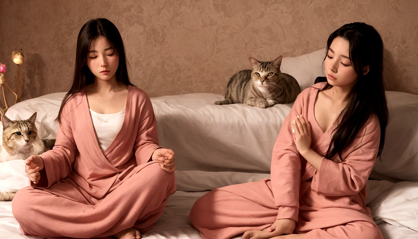 masterpiece, Better Quality, Movie stills, One girl, A person meditates in their bed next to their cat in their room.
