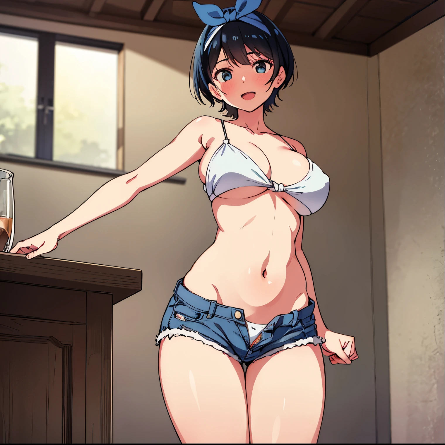1girl, alone, ruka sarashina, main piece, high quality, high resolution, jewelry, a woman with dark hair, short hair, black hair, shorts, long hair, panties, breasts, open fly, ribbon, navel, headband hair, big breasts, camisole, black camisole, cleavage, smile, bowknot panties, two sides up, abdomen, unbuttoned, shorts, open shorts, denim, unbuttoned, standing, indian style, laugh, open mouth, blushing, head tilt, interior, Japanese apartment, bow, bow, blue hair band, bangs, big full breasts, medium waist, medium hips, wide thighs, round butt, cowboy photo, smile, seductive, embarrassed, dynamic pose, sexy body, detailed, detailed face, standing, looking at viewer, looking back, from below, focus on ass, point of view (from below), perfect anatomy perfect hands