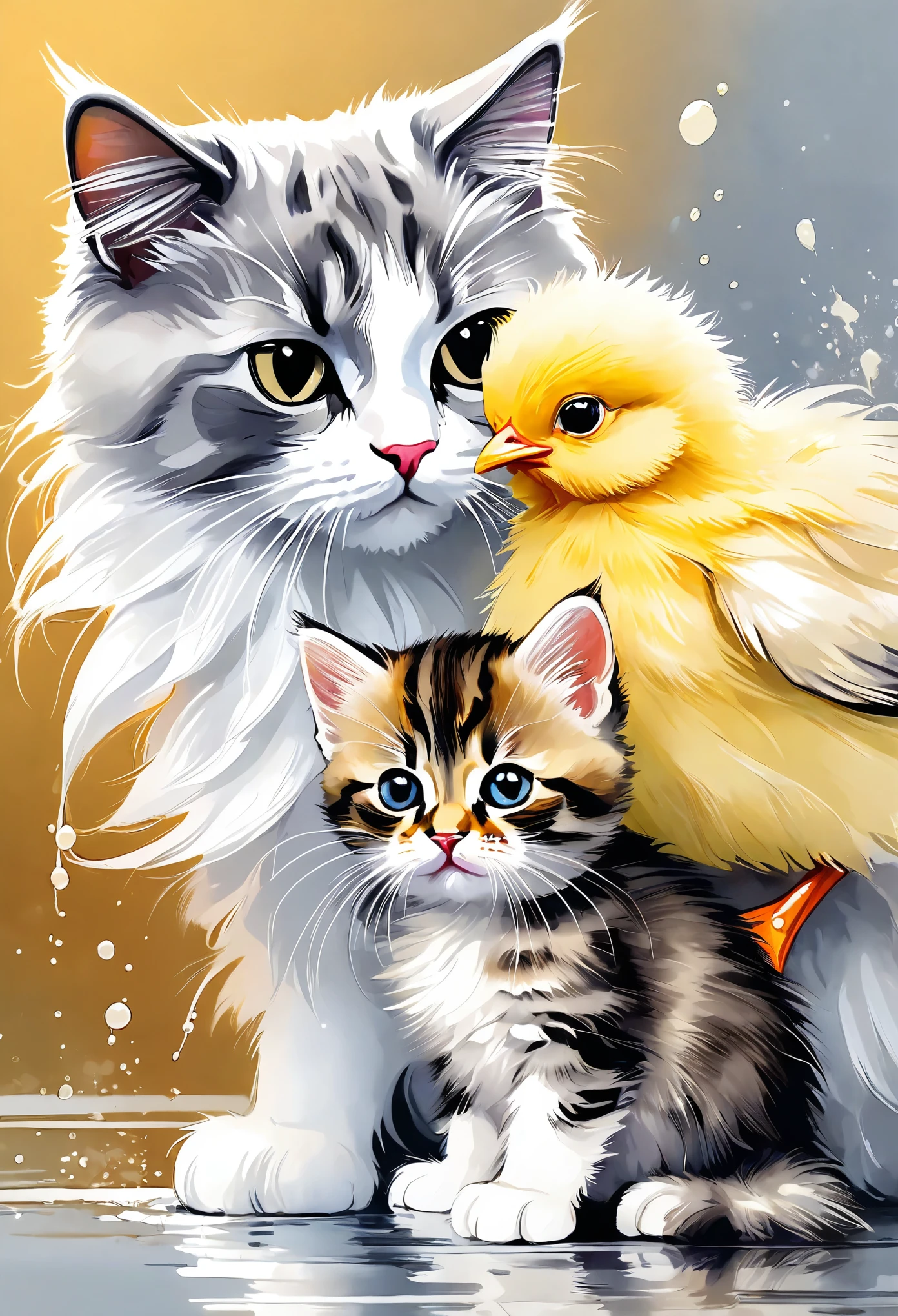 best quality, super fine, 16k, incredibly absurdres, extremely detailed, 2.5D, delicate and dynamic, fusion of watercolors and oil paintings, mix of monochrome and color, funny fluffy kitten and fluffy chick are good friends portrait, playing around, cute face, cute pose