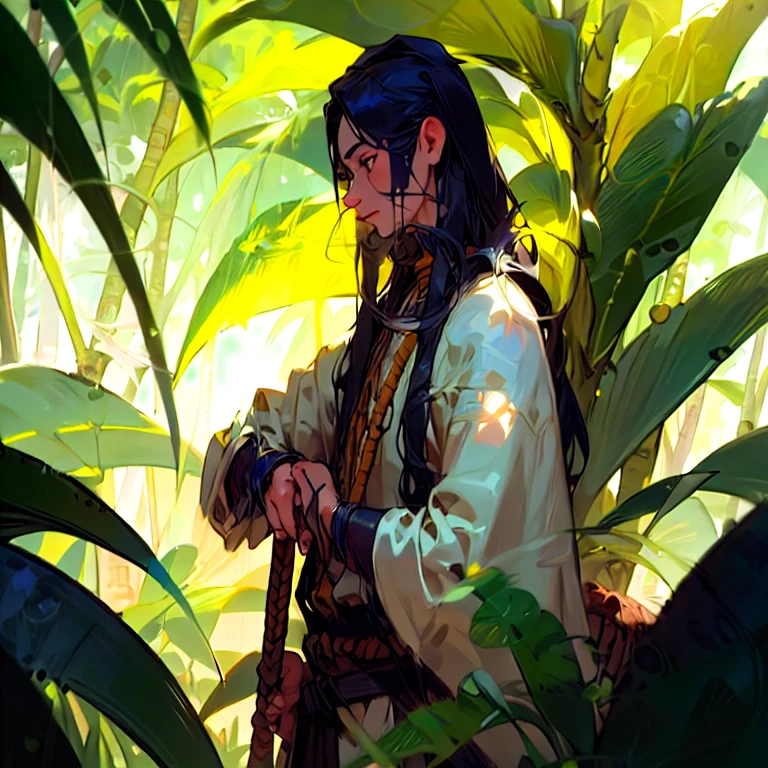 ((Best quality)), ((samouraï hippie)), (detailed), (Realistic), guerrier masculin, muscular physique, tenue tribale, peinture de visage, brandissant une lance, (jungle:1.3), feuillage dense, plantes exotiques, lumière du soleil tachetée, (hyperRealistic:1.2), oil painting&#39;huile, (Frank Frazetta:1.1), Influence DeviantArt, pose d&#39;action dynamique, (portrait:1.1), 8k resolution