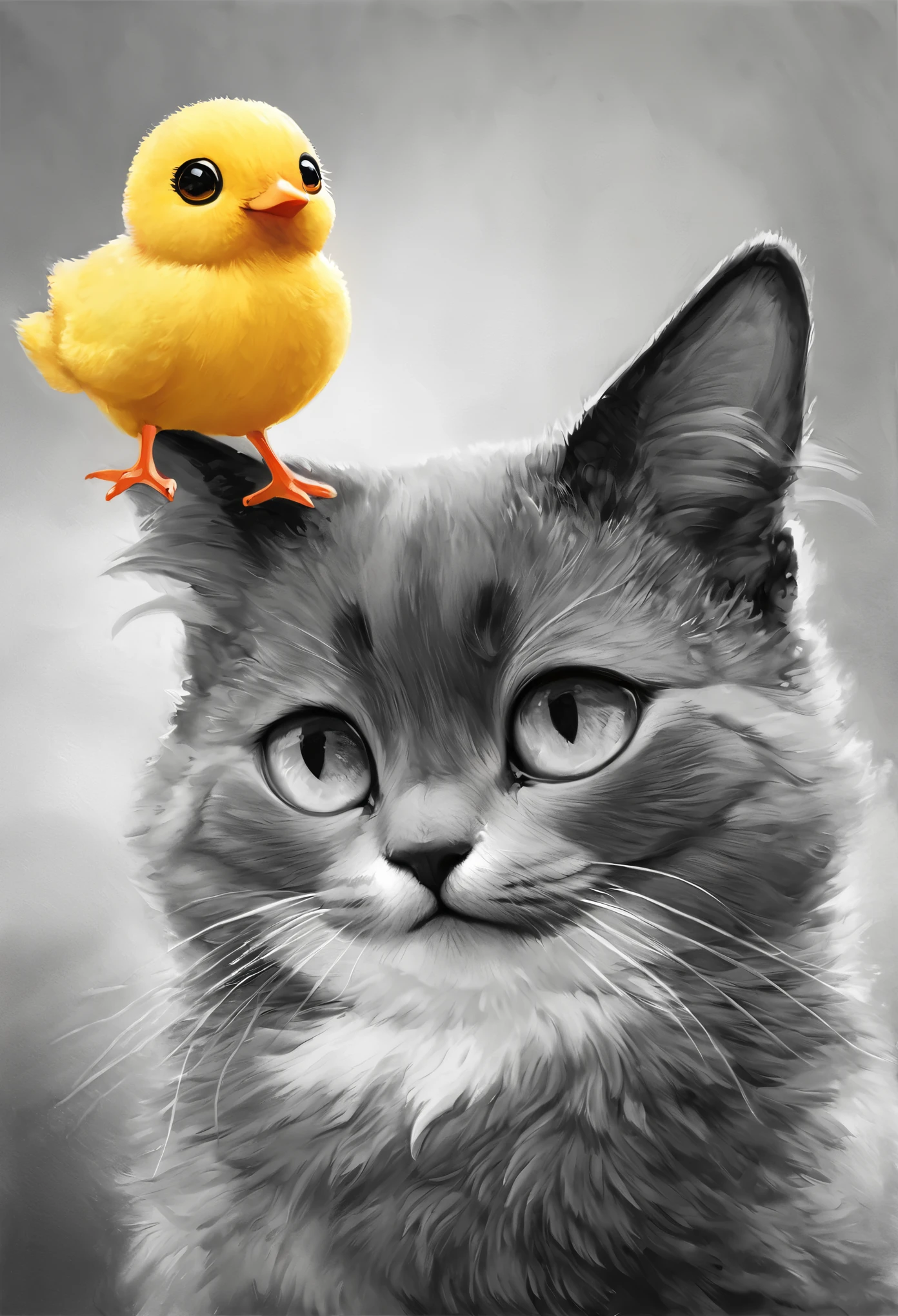 best quality, super fine, 16k, incredibly absurdres, extremely detailed, 2.5D, delicate and dynamic, fusion of watercolors and oil paintings, mix of monochrome and color, funny fluffy kitten and fluffy chick are good friends portrait, playing around, cute face, cute pose
