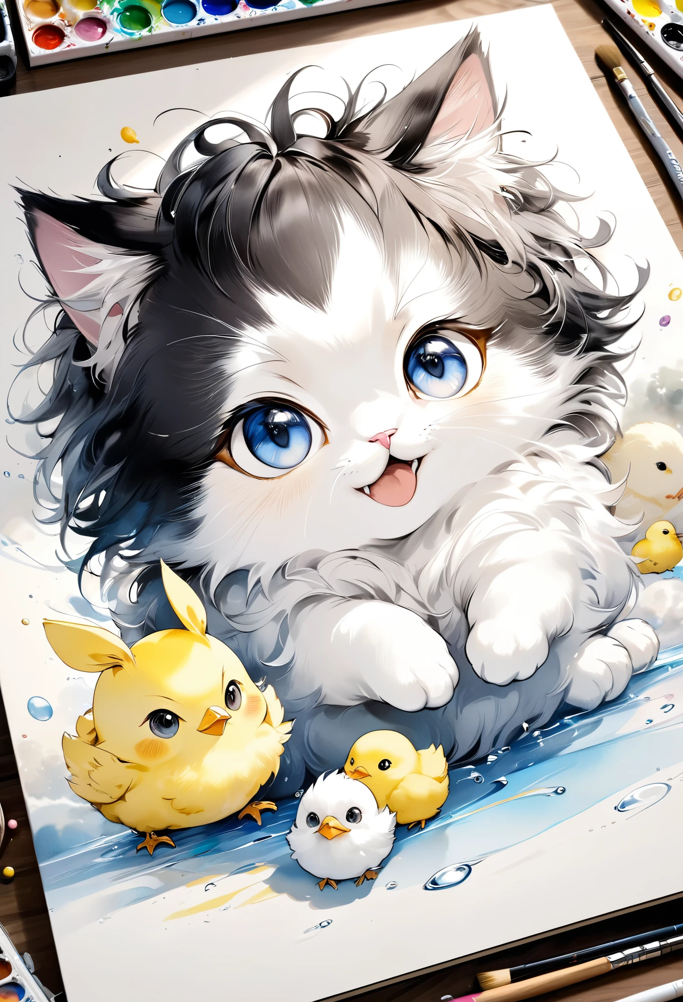 best quality, super fine, 16k, incredibly absurdres, extremely detailed, 2.5D, delicate and dynamic, fusion of watercolors and oil paintings, mix of monochrome and color, funny fluffy kitten and fluffy chick are good friends portrait, playing around, cute face, cute pose