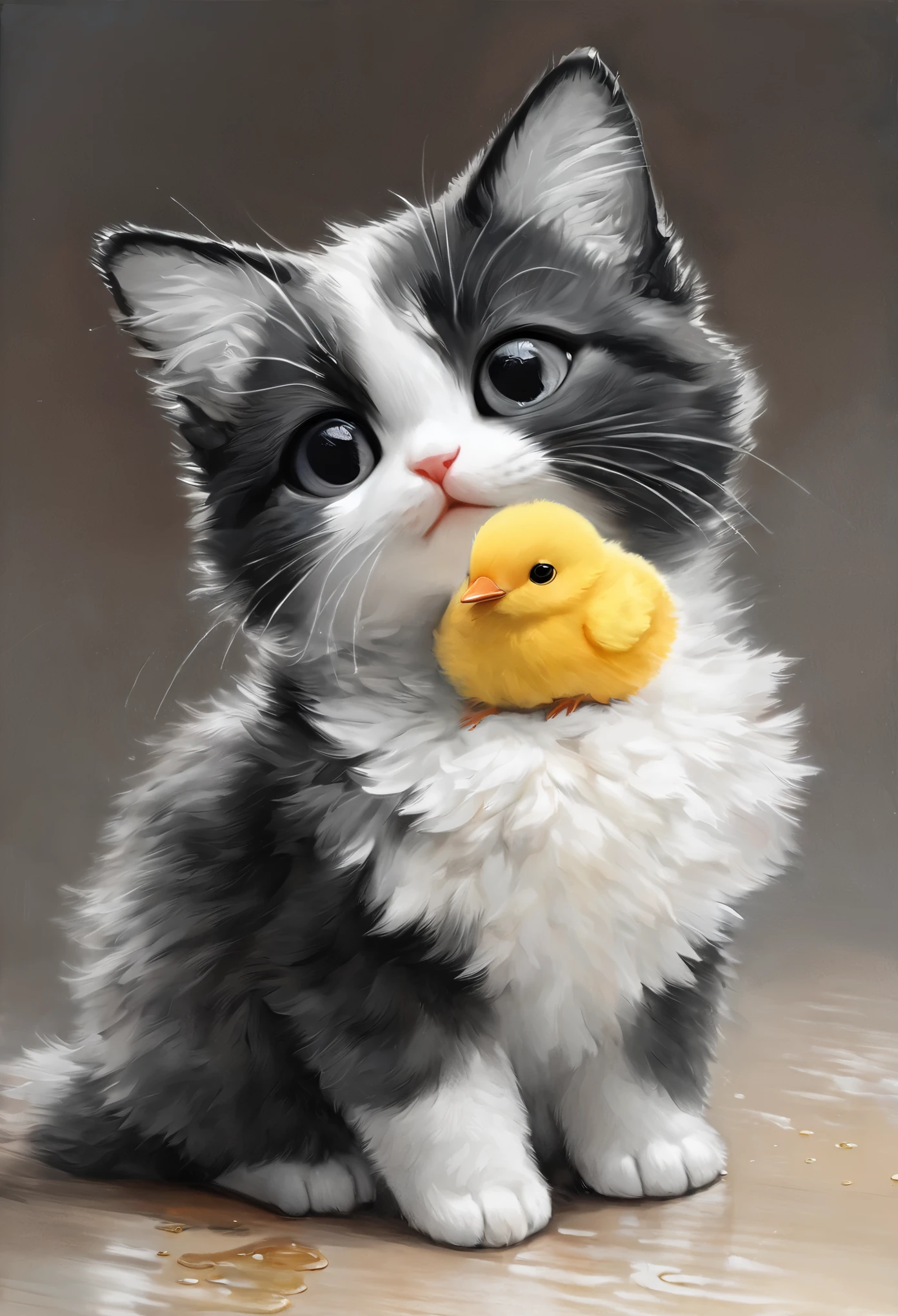 best quality, super fine, 16k, incredibly absurdres, extremely detailed, 2.5D, delicate and dynamic, fusion of watercolors and oil paintings, mix of monochrome and color, funny fluffy kitten and fluffy chick are good friends portrait, playing around, cute face, cute pose
