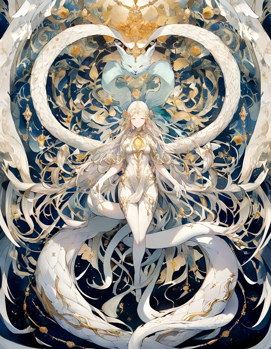 「Draw an illustration of the White Dragon God。Long as a snake、Upwards、Thang Long、Clear sky、spiritual、Spirit、Chakra、Spiritual world、Fantasy」