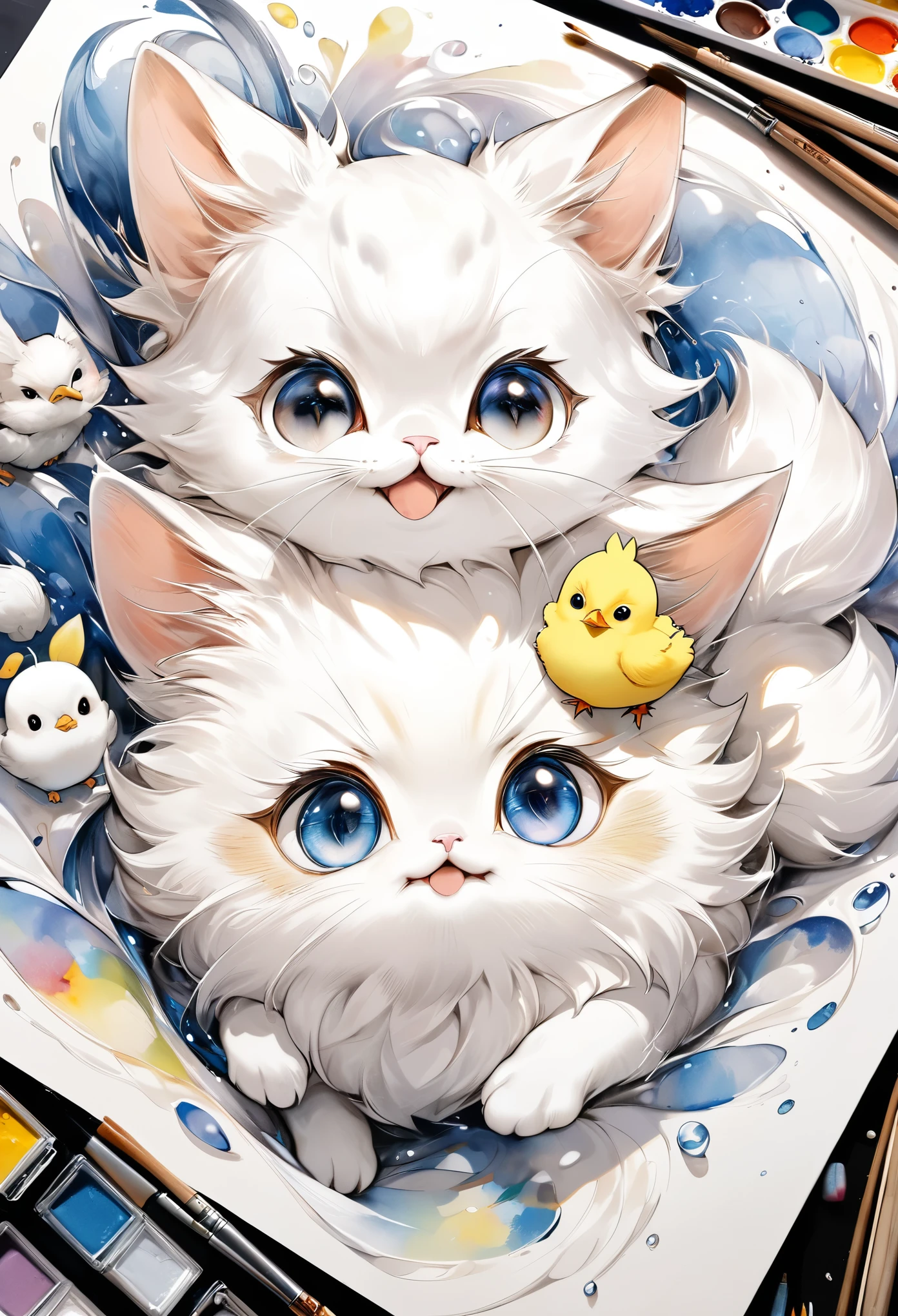 best quality, super fine, 16k, incredibly absurdres, extremely detailed, 2.5D, delicate and dynamic, fusion of watercolors and oil paintings, mix of monochrome and color, funny fluffy kitten and fluffy chick are good friends portrait, playing around, cute face, cute pose
