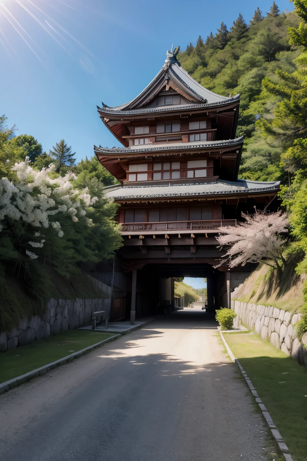 A majestic Edo-style Japanese castle, com teto vermelho em destaque. Detalhes intrincados nas torres e muralhas. A wooden bridge connects to the main entrance. Montanhas em torno do castelo cobertas de neve branca. Cherry trees blooming in a garden to the right of the castle. The sun rises slowly behind the mountains, casting golden rays across the blue sky.