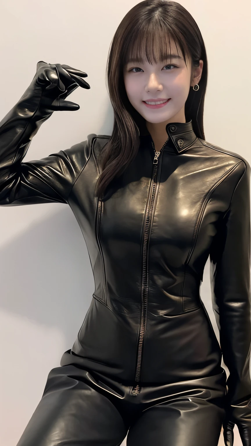 black leather rider jacket, , Black leather gloved fingertips on both hands,Wearing black leather gloves,Sitting in a black leather chair、 Japanese female new recruits (Black leather gloves cover both hands) (The angle is horizontal)、Black Leather Pants,Black Leather Black Leather Pants,Black Leather Skinny Pants、Long black leather boots on both feet、((He wears black leather gloves on his hands))Full Body Photo,full body shot full body full body leather suit,☺If you turn in this direction。Wearing black leather gloves,Wearing black leather gloves,Wearing black leather gloves,Wearing black leather gloves,Wearing black leather gloves,Wearing black leather gloves,黒のレザーパンツが美しい😍黒のレザーパンツが美しい😍黒のレザーパンツが美しい,😍Smiling while looking at me,City lights、Life-size (Neon Light)、Detailed lighting Best image quality、Ultra-high resolution、(realism:1.4)、Japanese Beauty Star、The most beautiful JPOP stars、face、Horny Korean Makeup、A body that makes you want to touch it、Realistic leather texture、Costume made of smooth leather fabric、The drape of the curved parts of the leather fabric、The costume is very shiny、Quality of the costume、8K Photo Quality