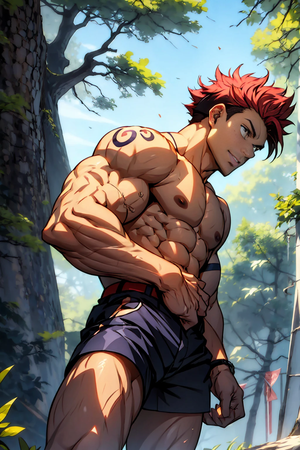 (canto da foto de baixo para cima) (imagem da mais alta qualidade) ,Photos taken from a lower perspective,Lion man ,real, jovem, , vestindo shorts, virilha saliente, imagem de anime, Leaning against a tree, pernas bem abertas, male face, bonito rosto jovem, cabelo subcortado, huge muscle muscles of the chest, large strong thigh muscles, Biceps Sinewy muscles, Corpo enorme, corpo tonificado devido ao treinamento intenso, Well-developed muscles, ABS transparente de 8 embalagens, 3 metros de altura, topless, , pele brilhante, rede de suor pingando, hands on thighs, bare feet, Sem barba,Thick Legs,