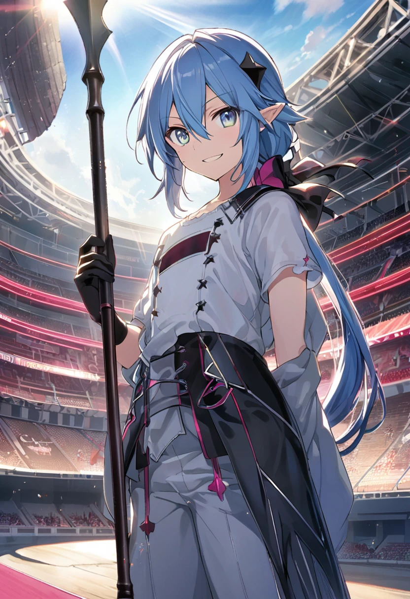 Krul Tepes \(AKB0048 Next Stage\), (waist length hair), (blue hair), (silver eyes):1.2, (spearman), (plain t-shirt), (pants), (robe), (smiling sharply), ((ultra-detailed)), ((illustration)), ((neat hair)), ((low ponytail)), (beautiful detailed eyes), (male), (1man), (standing), (holding a spear), ((arena, sun, sky)), looking at viewer
