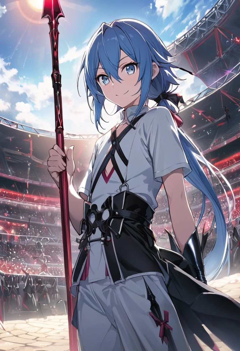 Krul Tepes \(AKB0048 Next Stage\), (waist length hair), (blue hair), (silver eyes):1.2, (spearman), (plain t-shirt), (pants), (robe), (smiling sharply), ((ultra-detailed)), ((illustration)), ((neat hair)), ((low ponytail)), (beautiful detailed eyes), (male), (1man), (standing), (holding a spear), ((arena, sun, sky)), looking at viewer