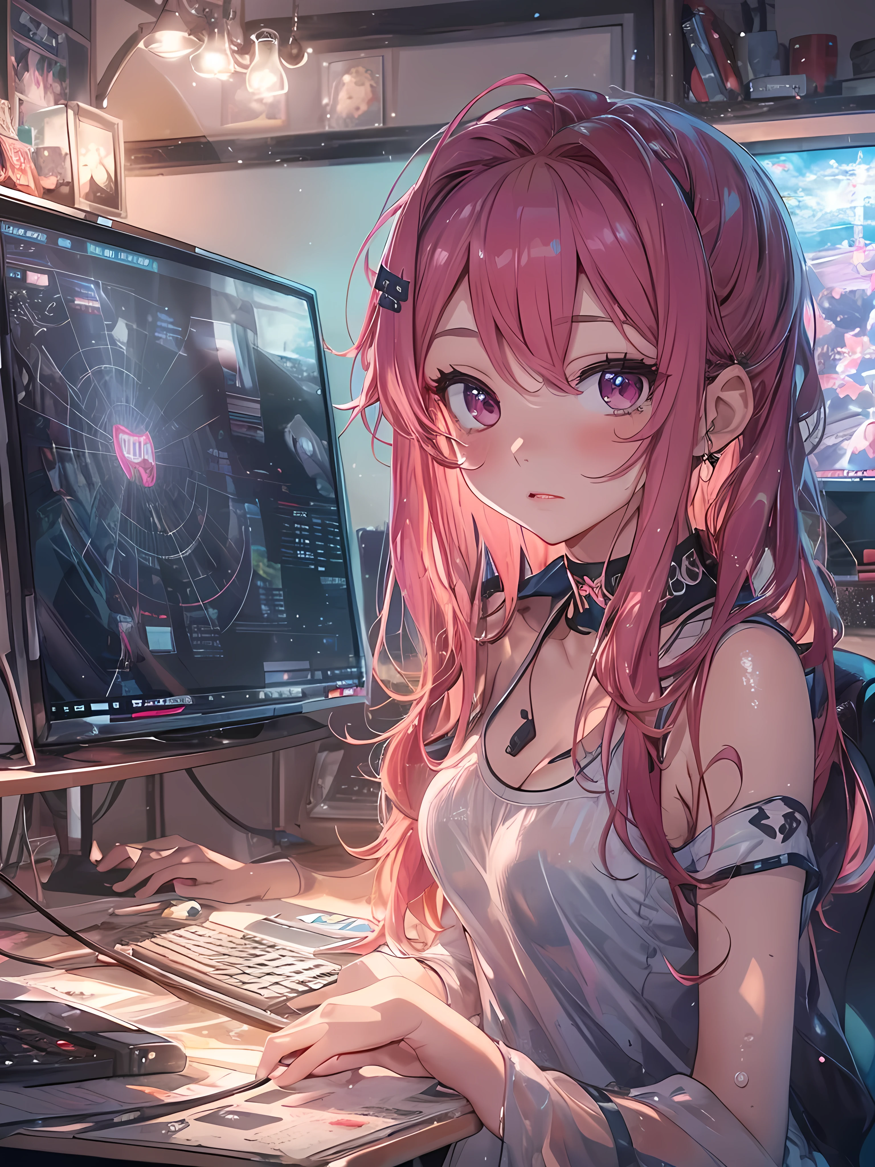 beautiful young woman, anime style, detailed face, red hair, wet hair, large eyes, pink eyes, delicate features, soft lighting, blush, wearing a choker, wearing a casual dress, one-piece dress, sexy, cleavage, barefoot, sitting in a gamer chair, cozy bedroom interior, evening lighting, relaxed posture, playing video games on a gaming PC, multiple monitors, gaming setup, RGB lighting, detailed background, just showered, wet hair, illustration, anime art, hand-drawn style, high quality, highly detailed, 8k resolution, cinematic lighting, best quality, vibrant colors