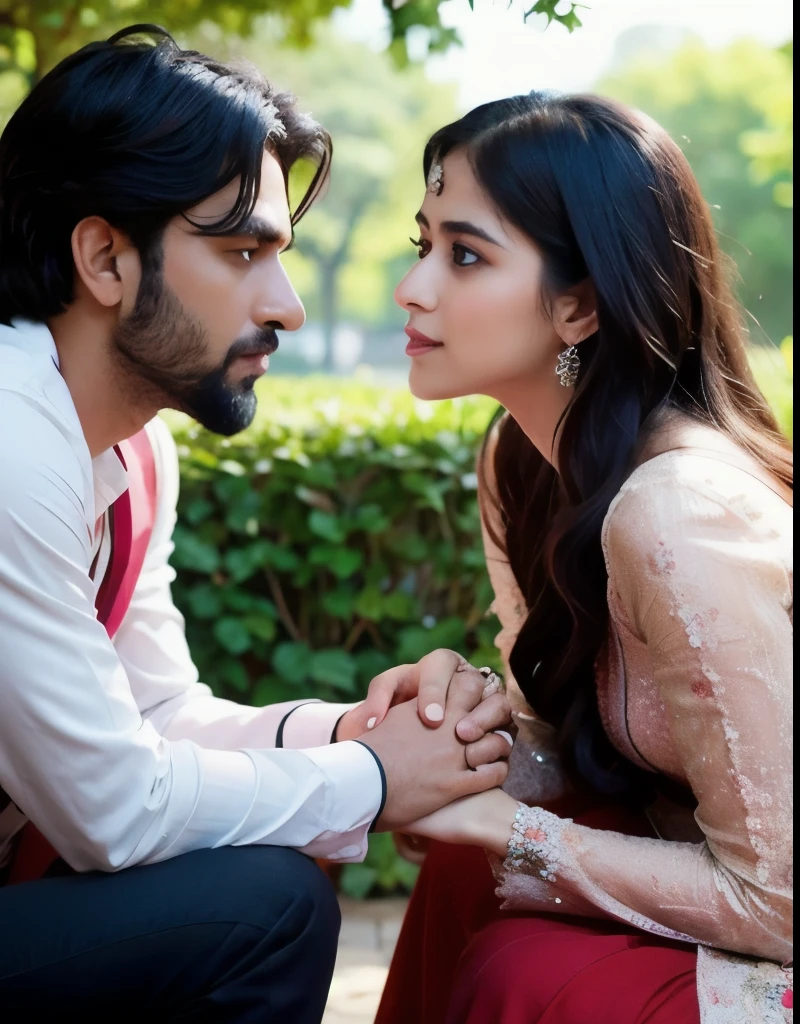 She gazed into his eyes, her heart pounding as she softly whispered, "Me tumse pyar karti hu." The world seemed to stand still, waiting for his response.