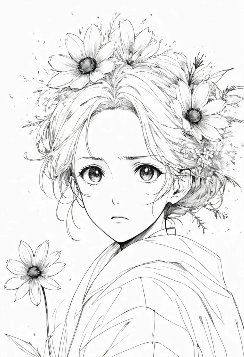 (Anime line drawing:1.5)，(black and white:1.45)，Minimalism，(Line Art:1.6)，sketch，charcoal drawing，Disgusted Look，flower