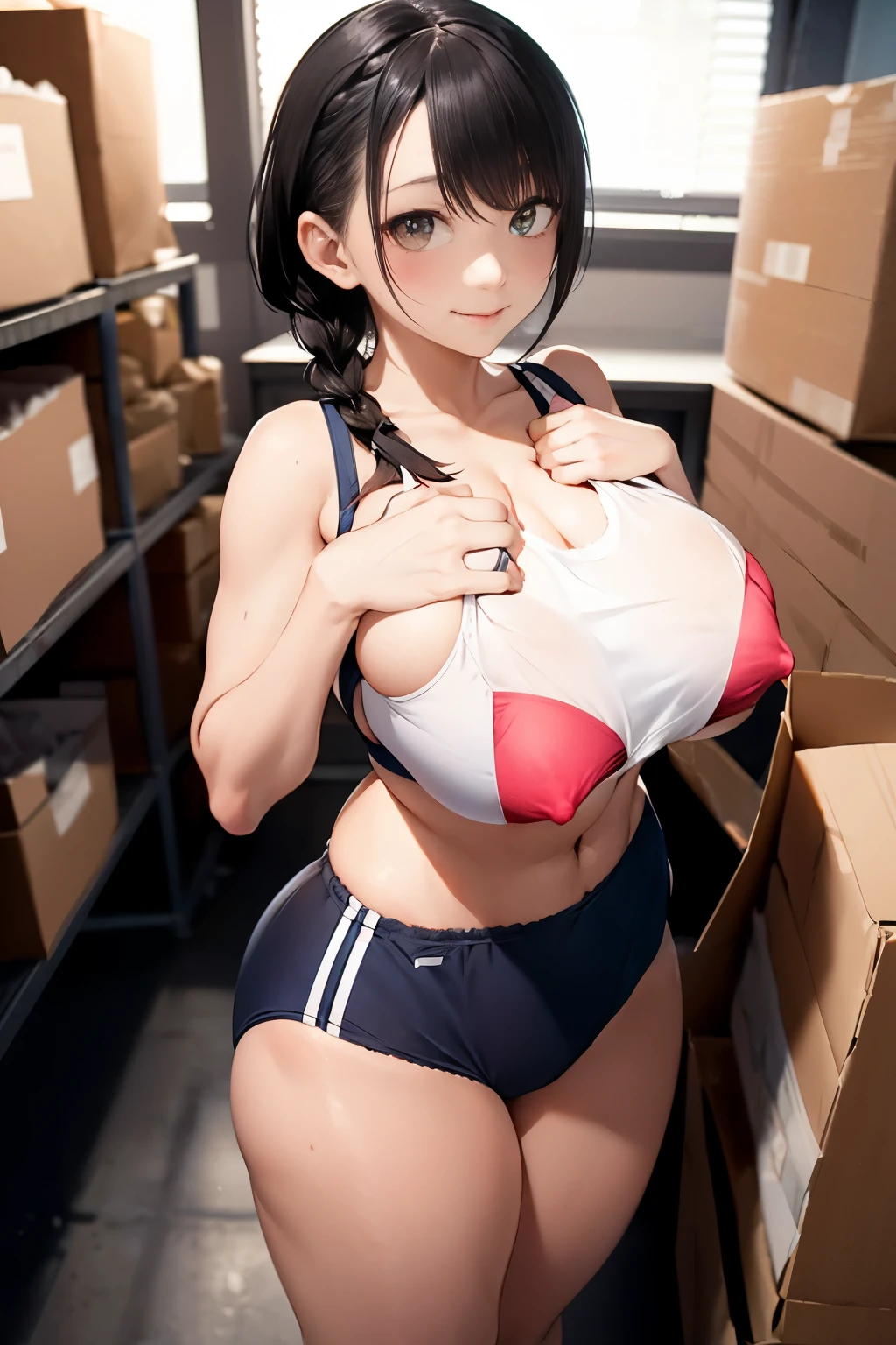 nsfw,highest quality、In 8K、masterpiece、Hmph、超A high resolution、RAW Photos、(Photorealistic:1.3)、Natural soft light、(Depth of written boundary)、Slender、(whole body:1.2)、From behind、Detailed face and eyes、Realistic、Sharp pupils、Inside the warehouse、(Dynamic action poses)、Beautiful Face、Beautiful girl of 36 years old、Glowing Skin、(Braid:1.2)、Beautiful black hair、Red Eye、(blush:0.7)、Embarrassed face、Sweat、(Sports Bra:1.8、panties:1.5)、(Thighs Thighs Thighs Thighs:0.8)、Hips、(Huge Breasts:1.7)、(((Grabbing my chest:1.5、Angle from behind:1.4)))、Erect nipples:1.4、Small nose、Small Nose、((vagina、SEX:1.5、Strong man))、Frameless Glasses