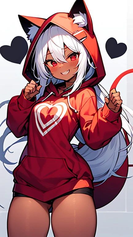 White hair, taokakams, taokaka, hood, animal hood, cat hood, red eyes, hoodie, tail, cat tail, smile, cute smile, lusty smile, shy, blush, blushing, claws, thighs, dark skin, thighs, big thighs, big ass, heart shaped ass, front view,