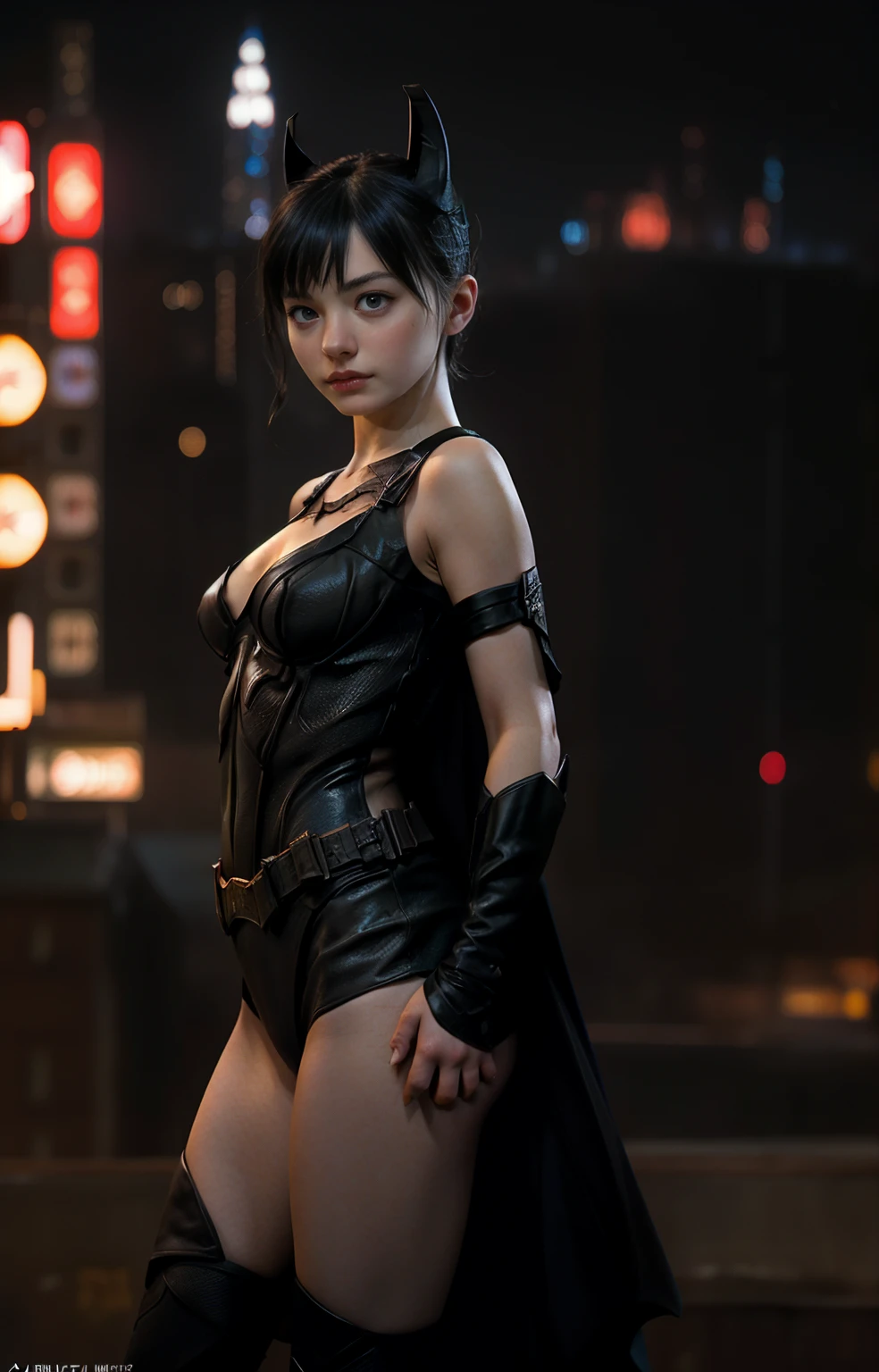 ((masterpiece, highest quality, High resolution, Realistic, to be born, 8k wallpaper)), (巨大で見事な女神shot,((Standing in Honor　shot）,A sense of dynamism as it approaches the camera in a menacing pose)), Very hot and sexy, Amazing beauty, Perfect balance, Beautiful body, Slim body beauty: 1.4), 夜の街のスカイラインを見下ろす屋上に立つBatman, Gotham city background, nighttime in Gotham city, Gotham city, 映画Batmanから, Gotham city double exposure, Gotham city style, Batmanのフィルムスチル, metropolis filmic Gotham city, サイバーパンクBatman, The beauty of the Batman movies， Enjoy the atmosphere of the Batman movies, Gotham setting, Batman, Gotham,