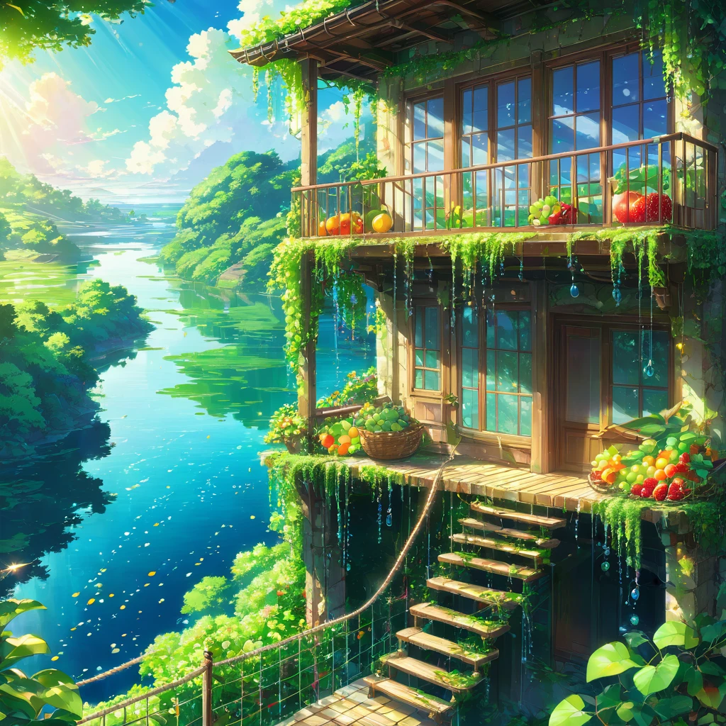 wood, 大きなwood, Retreat, Secret base, ladder, rope, balcony, window, fruit, fruit畑, apple, Grape, orange, strawberry, 人fish姫, cute, beautiful, smile, lake, Emerald green, transparent, Sparkling, fish, Waterweed, Fantasy, Fairy tale,beautiful Anime Scenery, Landscape painting, beautifulデジタル絵画, Andreas Rocha, beautifulアートワークのイラスト, Awesome Wallpapers, Raymond Han, 背の高いbeautiful絵画, Studio Greeble Makoto Shinkai, beautiful壁紙, Anime Scenery