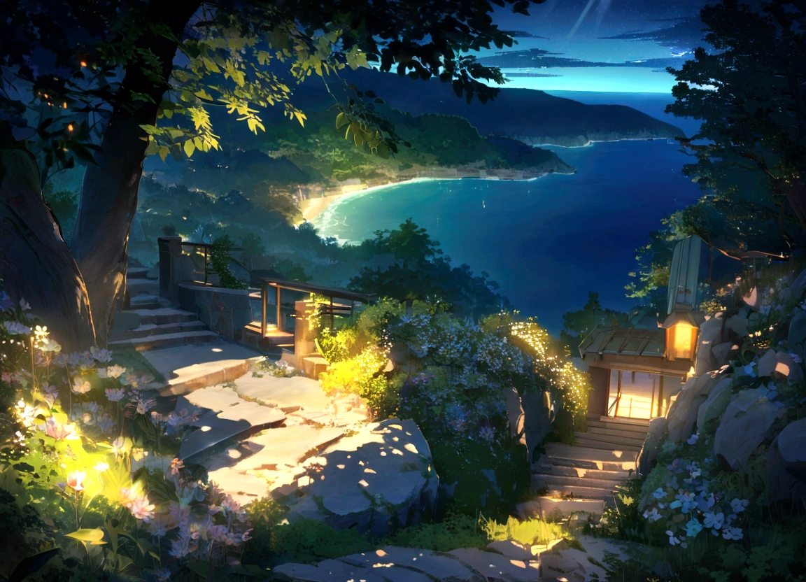 Unobscured, A beautiful cottage on a sandstone cliff, Ocean, Kokonoe Kudzu Flower, stairs, sunlight, night, and green trees, blue cloudy sky, aesthetics, Vivid tones, landscape, Beautiful Ambience, 8K, Bright volumetric light, A peaceful scene, Light shining on some leaves, micro landscape, Internal details