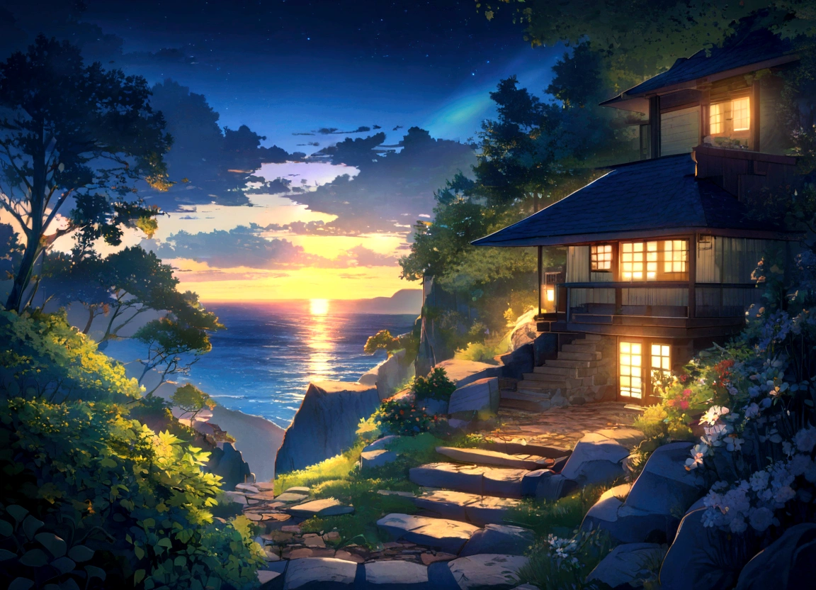 Unobscured, A beautiful cottage on a sandstone cliff, Ocean, Kokonoe Kudzu Flower, stairs, sunlight, night, and green trees, blue cloudy sky, aesthetics, Vivid tones, landscape, Beautiful Ambience, 8K, Bright volumetric light, A peaceful scene, Light shining on some leaves, micro landscape, Internal details