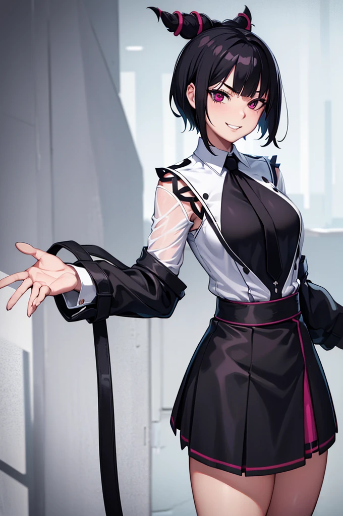 juri han, work of art, tight white secretary shirt with black tie, black high waist skirt, short skirt, short hair, black hair, black tights evil smile,oculos