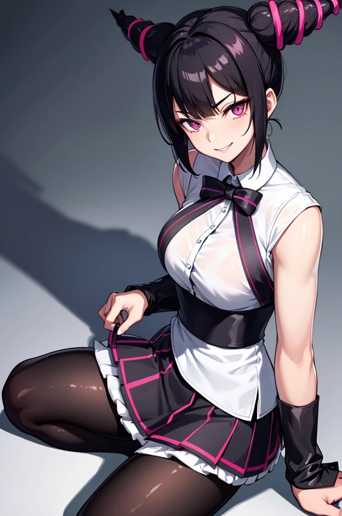 juri han, work of art, tight white secretary shirt with black tie, black high waist skirt, short skirt, short hair, black hair, black tights evil smile,oculos
