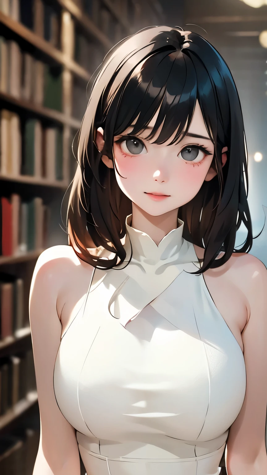 highest quality、Masterpiece、Realistic、RAW Photos、One Girl、Cute Face、１６talent、Black Hair、Gray eyes、Slightly larger breasts、White shoulder dress、White Dress、Low Light、Cool Tones、Captivating Gaze、Foggy atmosphere、Mysterious atmosphere、Dramatic contrast、Graceful pose、Happy expression、Old huge library、Blurred Background、The background is blurred、