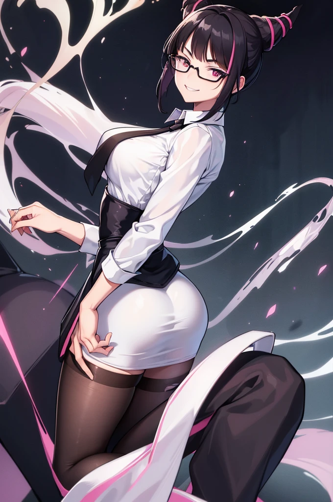 juri han, work of art, tight white secretary shirt with black tie, black high waist skirt, short skirt, short hair, black hair, black tights evil smile,oculos