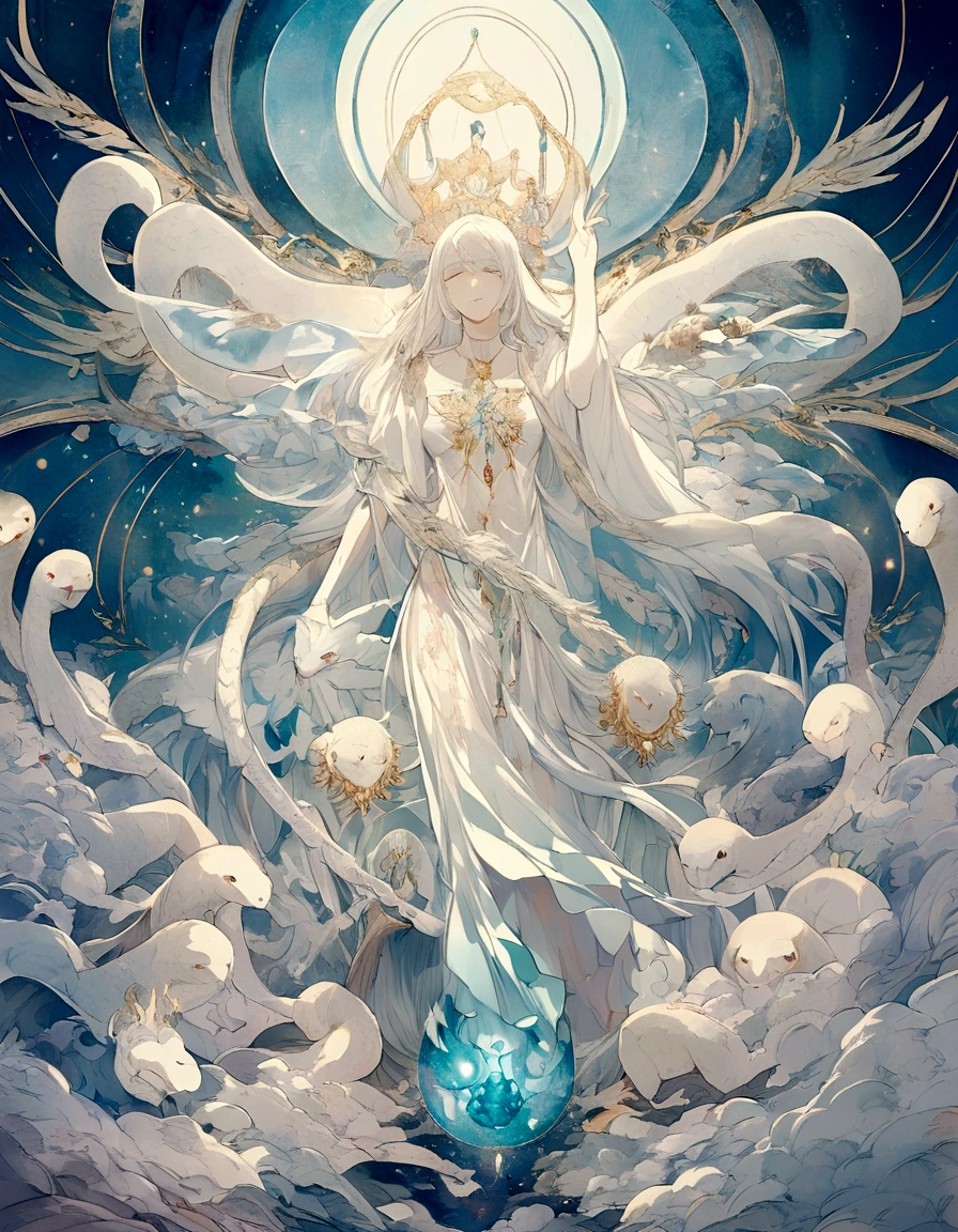 「Draw an illustration of a white dragon。Long as a snake、Upwards、Thang Long、Clear sky、spiritual、Spirit、Chakra、Spiritual world、Fantasy」