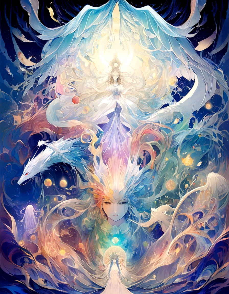 「Draw an illustration of a white dragon。Long as a snake、Upwards、Thang Long、Clear sky、spiritual、Spirit、Chakra、Spiritual world、Fantasy」