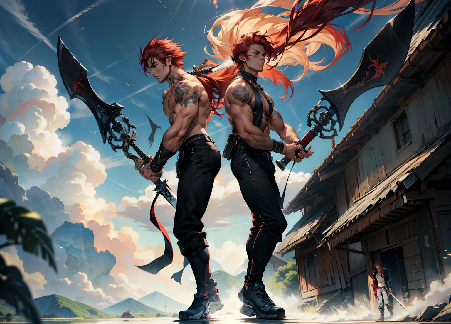 1boy, 26 Years old, Serious face, red hair, long hair, muscular, shirtless, ((black long pants)), holding giant sword , blue sky, cloud