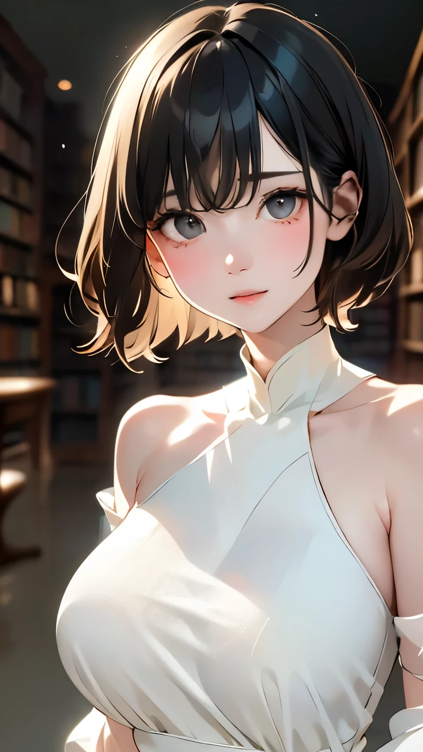 highest quality、Masterpiece、Realistic、RAW Photos、One Girl、Cute Face、１６talent、Black Hair、Gray eyes、Mid-chest、White shoulder dress、White Dress、Low Light、Cool Tones、Captivating Gaze、Foggy atmosphere、Mysterious atmosphere、Dramatic contrast、Graceful pose、Happy expression、Old huge library、Blurred Background、The background is blurred、