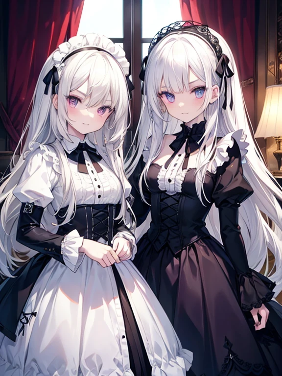 Tabletop, highest quality, (Perfect Face:1.1), (Attention to detail:1.1), (Ultra-detailed eyes), dramatic, Ultra-thin illustration, Very detailed, Two Girls, (Pale skin), (Medium White Hair), (Long White Hair), Psychic Eyes, We say, (Thin eyebrows),blush,smile, smile,Cinema Lighting, View Viewer,Gothic Lolita, Frills, ribbon,Headdress,room,White Dress,Black Dress,Purple Eyes,Get close,Flared skirt