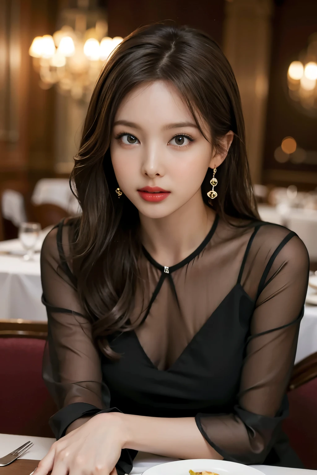 masterpiece, best quality, realistic, very detailed, finer details, high resolution, 8k wallpaper, one beautiful woman, Try on an elegant black see-through blouse, In a great restaurant, At night, light brown messy hair, Complete dynamic configuration, beautiful beautiful eyes、big earrings