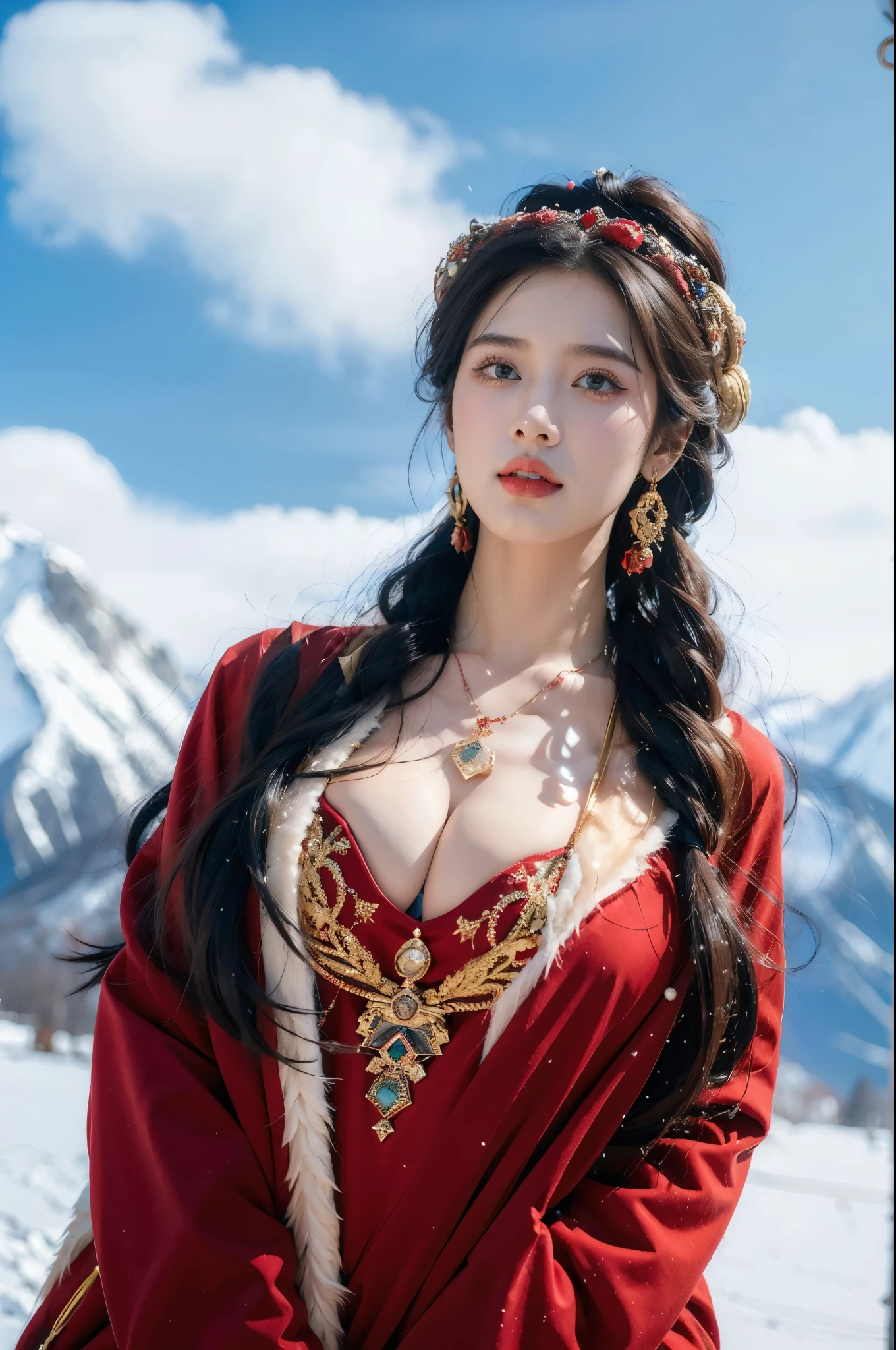 (masterpiece, best quality:1.2),red Tibetan robe,1 Tibetan girl, blue sky, cloud, cloudy sky, day, earrings,Plush hat, horizon,Tibetan Earrings,jewelry,necklace, lips,snow mountain, outdoors, parted lips, red lips, solo, upper body,((cleavage,gigantic breasts))
