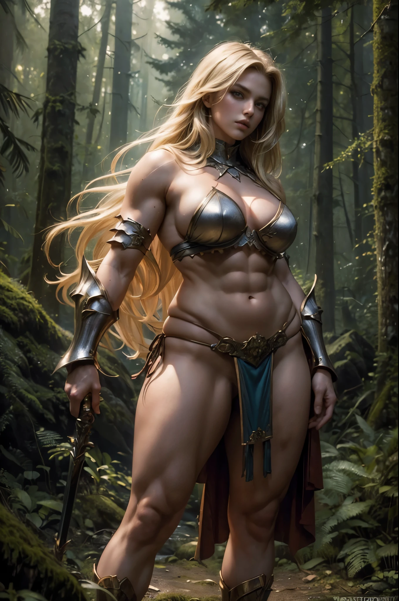 (masterpiece, highest quality, Realistic, High resolution, photograph, :1.3), Sharp focus, beautiful Femail warrior, perfect beautiful face, long blonde hair, voluptuous body, Abs, muscle, bikini armor, loincloth, standing pose, in dark forest, ((whole body shot)),