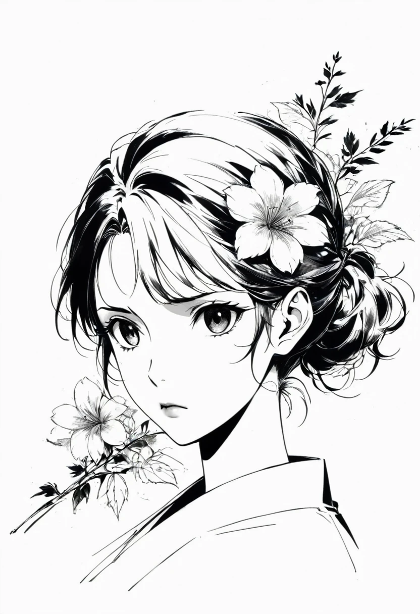(Anime line drawing:1.5),(black and white:1.45),Minimalism,(Line Art:1.6),sketch,charcoal drawing,Disgusted Look,flower