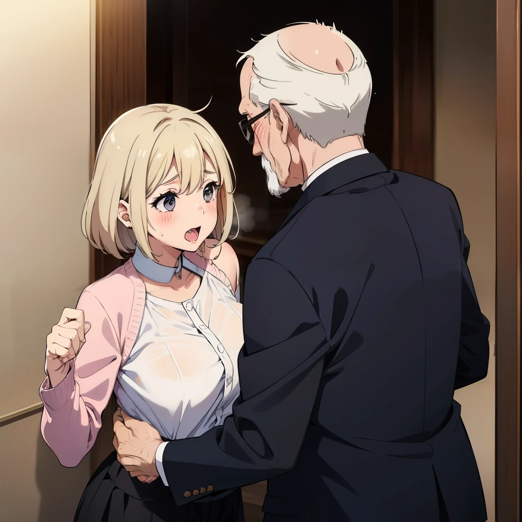 nsfw,((One girl, 1 Elderly)), ((Skirt flip:1.4)), ((Old man grabs woman's skirt)), The old man laughs evilly, Huge breasts:1.7, Anime cel painting style, highest quality, High resolution, Huge breasts:1.8, good, High leg panties,blue eyes, Purple Hair, bangs, Side Ponytail, hair ornaments, Embarrassing, fear, blush, View Viewer, whole body, Cowboy Shot:1.6, Crowded train、Clothes are open:1.5