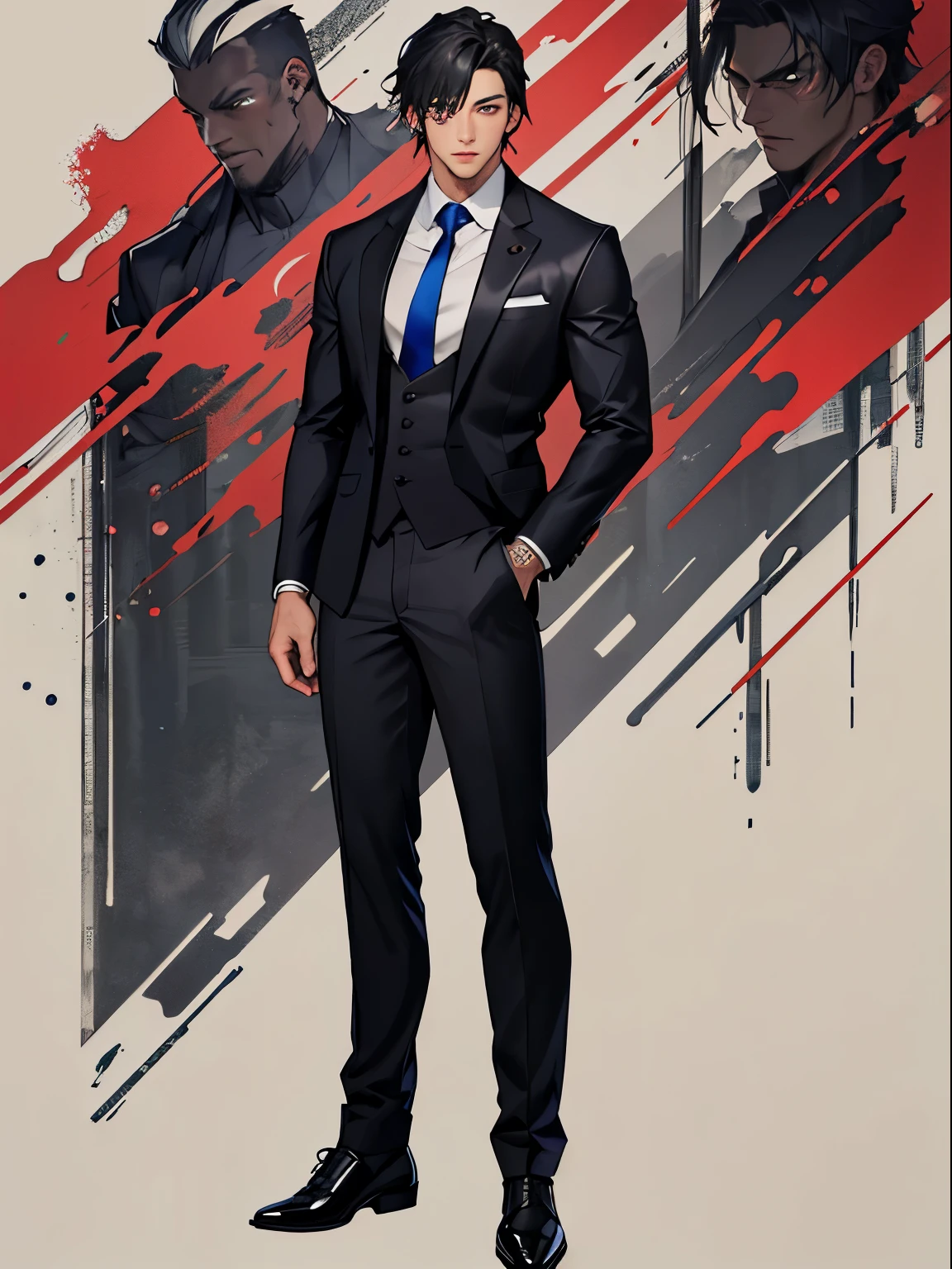 ((highest quality)), ((masterpiece)), (detailed), One man, sexy,
30th Generation,Black Hair,Slim handsome man,Dark grey suit,Wine red tie,Light-pigmented eyes,Full body view