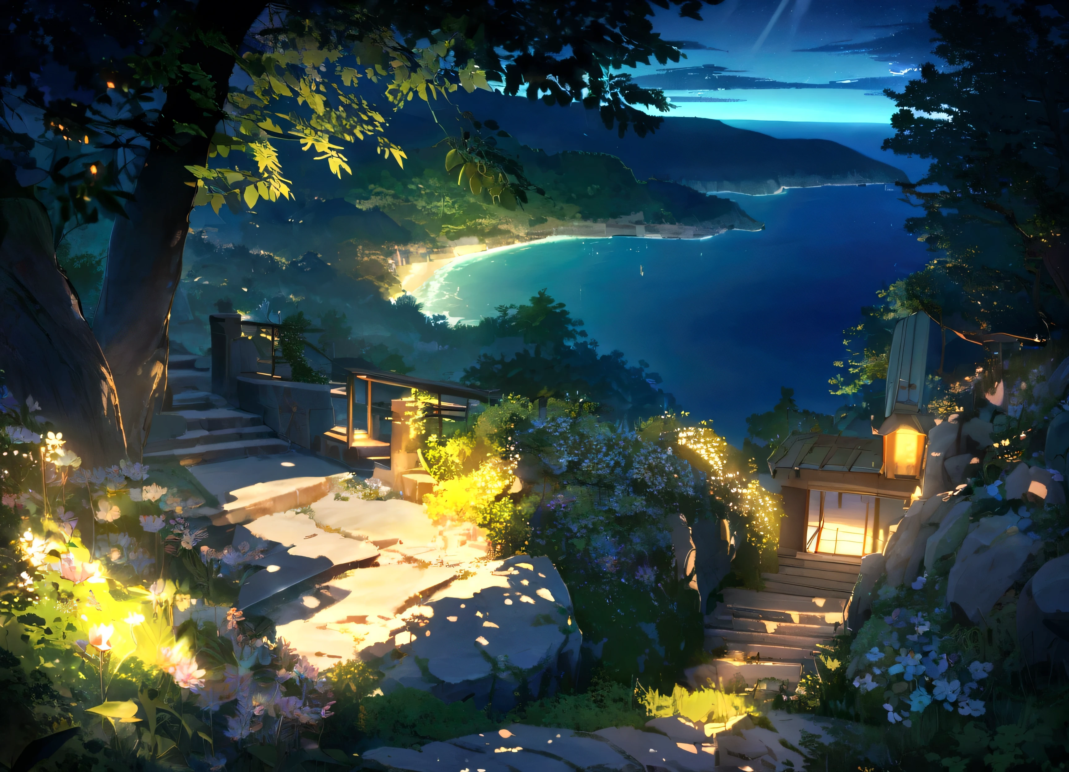 Unobscured, A beautiful cottage on a sandstone cliff, Ocean, Kokonoe Kudzu Flower, stairs, sunlight, night, and green trees, blue cloudy sky, aesthetics, Vivid tones, landscape, Beautiful Ambience, 8K, Bright volumetric light, A peaceful scene, Light shining on some leaves, micro landscape, Internal details