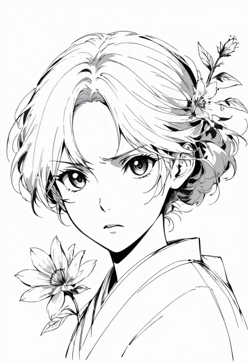 (Anime line drawing:1.5)，(black and white:1.45)，Minimalism，(Line Art:1.6)，sketch，charcoal drawing，Disgusted Look，flower