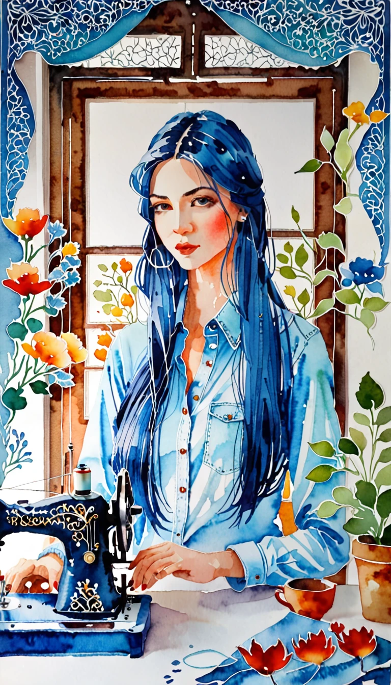 (((paper cutting style))), 1 girl, blue long hair, long straight hair, portfolio, sewing machine, denim, shirts