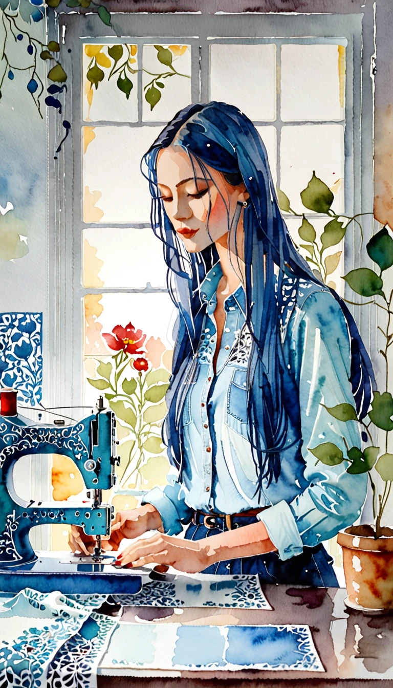 (((paper cutting style))), 1 girl, blue long hair, long straight hair, portfolio, sewing machine, denim, shirts