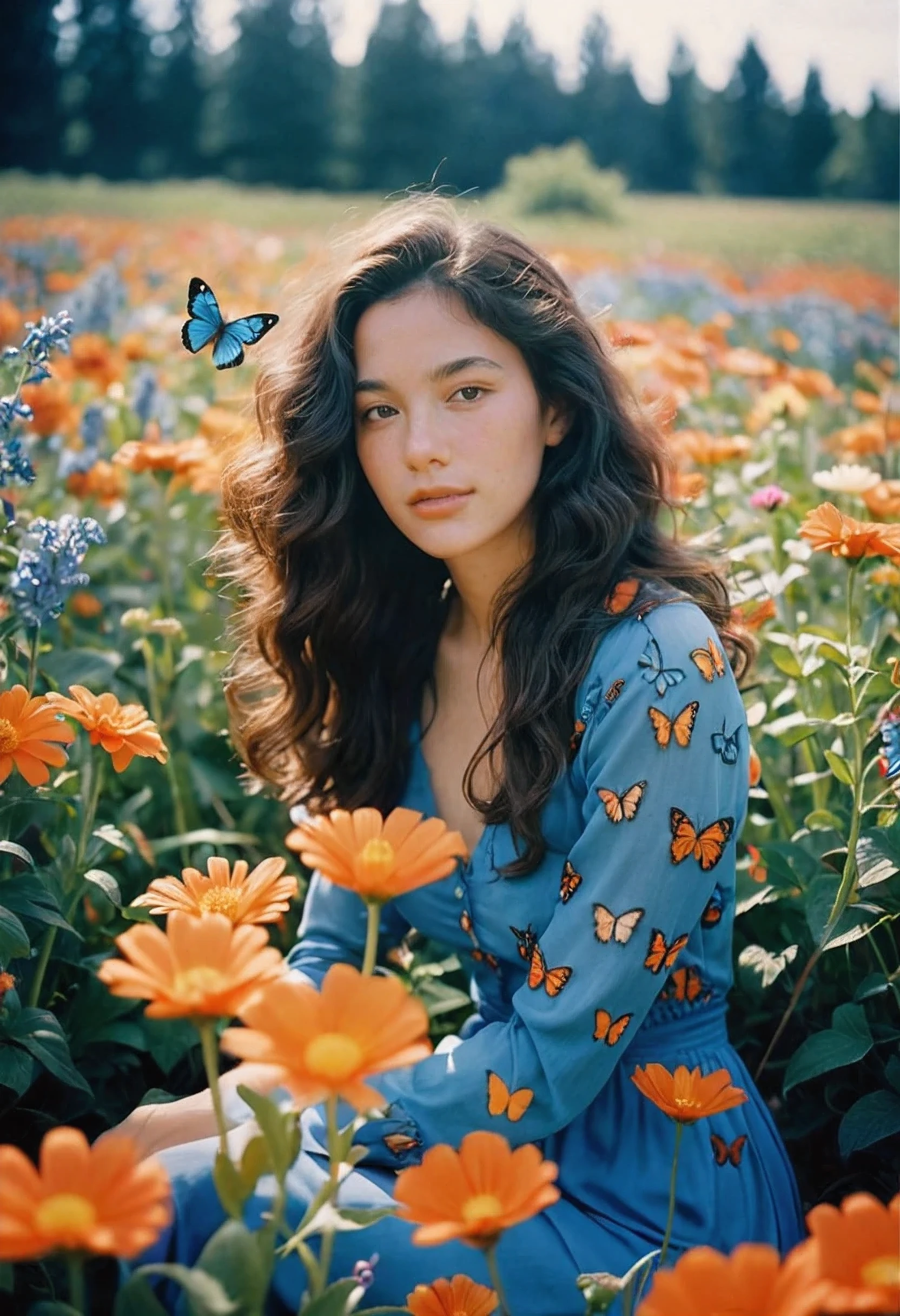 natural light, analog film photo, Kodachrome , Magmix, front view, happy stunning woman with curly long dark hair, wearing blue clothes sit in a beautiful field of flowers, colorful flowers everywhere, some blue and orange butterflies, perfect lighting, leica summicron 35mm f2.0, Kodak Portra 400, film grain
