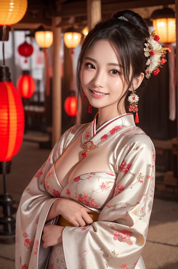 highest quality、8k Masterpiece、ultraA high resolution、(Photorealistic:1.3)、RAW Photos、1 girl、Silvery white hair、Glowing Skin、((Ultra-Realistic Details))、Portrait、Global Illumination、Shadow、Octane Rendering、8k、Super sharp、soft、warm colors、Very intricate details、Realistic Light、CGSoation Trend、Beautiful and shining eyes、Beautiful breasts、To the camera、Neon Details、Landscapes of unimaginable beauty、100 Light of japanese red lanterns、Swirl、samurai girl in the center、female、sexy、Healthy Body、Japanese、A beauty that everyone falls in love with、smile、whole body